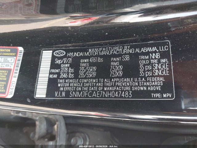 Продаж на аукціоні авто 2022 Hyundai Tucson Sel, vin: 5NMJFCAE7NH047483, номер лоту: 45815812