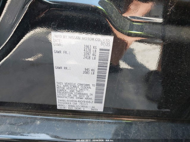 2025 Nissan Altima Sl Fwd მანქანა იყიდება აუქციონზე, vin: 1N4BL4EV0SN409462, აუქციონის ნომერი: 45815815
