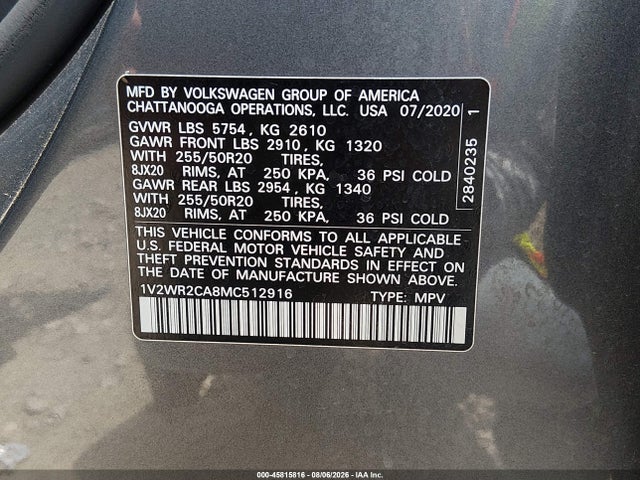 45815816 :رقم المزاد ، 1V2WR2CA8MC512916 vin ، 2021 Volkswagen Atlas 3.6l V6 Se W/technology مزاد بيع
