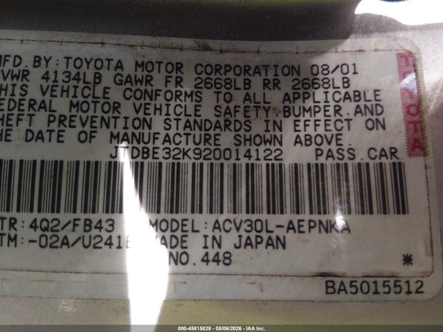 Продажа на аукционе авто 2002 Toyota Camry Le, vin: JTDBE32K920014122, номер лота: 45815828