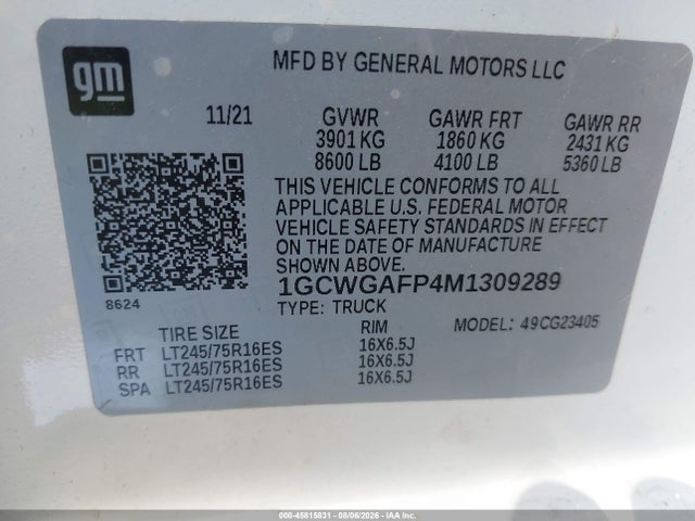 45815831 :رقم المزاد ، 1GCWGAFP4M1309289 vin ، 2021 Chevrolet Express Cargo Rwd 2500 Regular Wheelbase Wt مزاد بيع
