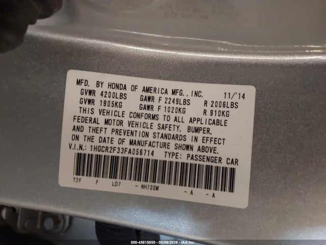 Aukcja sprzedaży 2015 Honda Accord Lx, vin: 1HGCR2F33FA056714, numer aukcji: 45815850