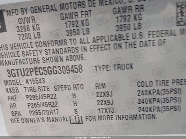 2016 Gmc Sierra 1500 Denali მანქანა იყიდება აუქციონზე, vin: 3GTU2PEC5GG309458, აუქციონის ნომერი: 45815857