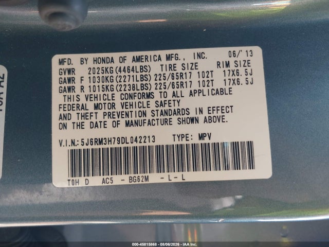 45815868 :رقم المزاد ، 5J6RM3H79DL042213 vin ، 2013 Honda Cr-v Ex-l مزاد بيع