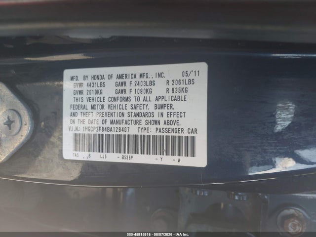 Aukcja sprzedaży 2011 Honda Accord 2.4 Ex-l, vin: 1HGCP2F84BA129407, numer aukcji: 45815916