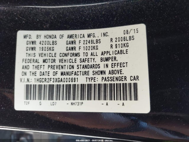45815921 :رقم المزاد ، 1HGCR2F3XGA000691 vin ، 2016 Honda Accord Lx مزاد بيع