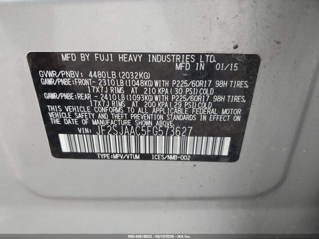 2015 Subaru Forester 2.5i მანქანა იყიდება აუქციონზე, vin: JF2SJAAC5FG573627, აუქციონის ნომერი: 45815932