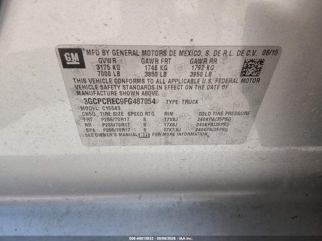45815933 :رقم المزاد ، 3GCPCREC9FG487054 vin ، 2015 Chevrolet Silverado 1500 Lt مزاد بيع