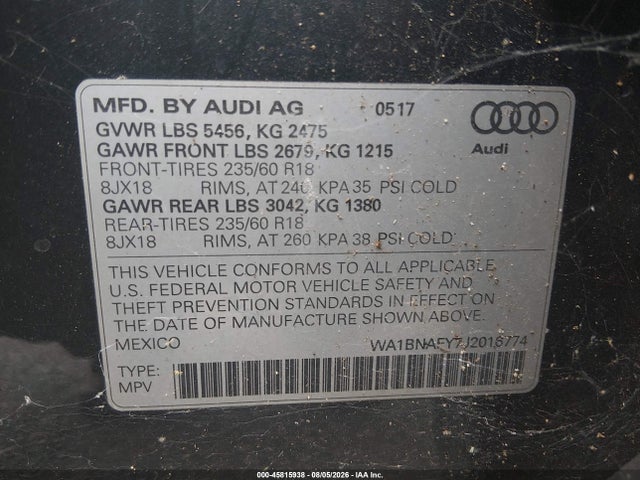 Aukcja sprzedaży 2018 Audi Q5 2.0t Premium/2.0t Tech Premium, vin: WA1BNAFY7J2016774, numer aukcji: 45815938