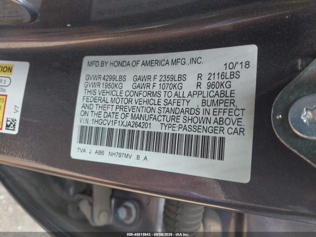 Honda ACCORD LX 2018 1HGCV1F1XJA264201 Image 9