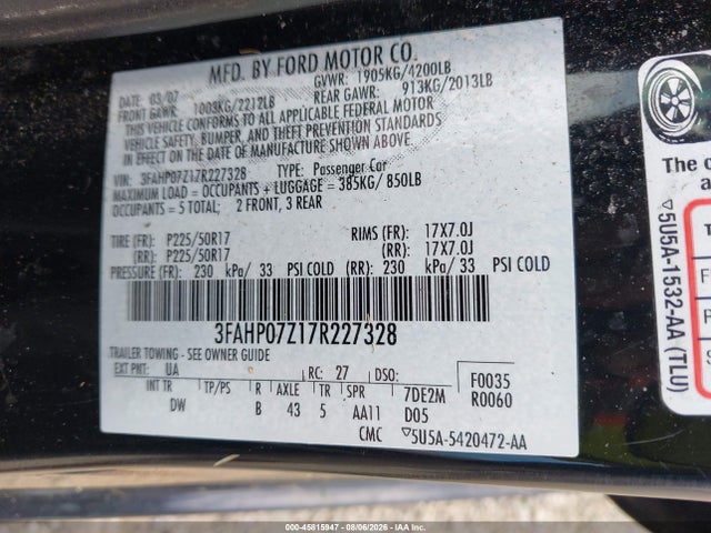45815947 :رقم المزاد ، 3FAHP07Z17R227328 vin ، 2007 Ford Fusion Se مزاد بيع