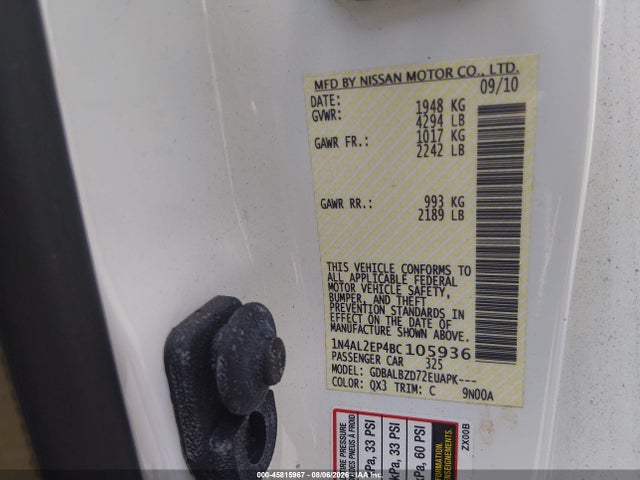 Продажа на аукционе авто 2011 Nissan Altima 2.5 S, vin: 1N4AL2EP4BC105936, номер лота: 45815967