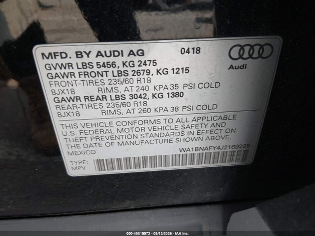 Aukcja sprzedaży 2018 Audi Q5 2.0t Premium/2.0t Tech Premium, vin: WA1BNAFY4J2169225, numer aukcji: 45815972