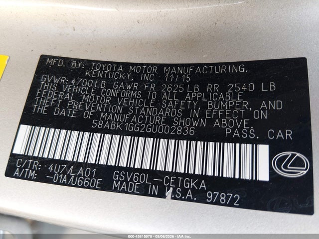 Aukcja sprzedaży 2016 Lexus Es 350, vin: 58ABK1GG2GU002836, numer aukcji: 45815978