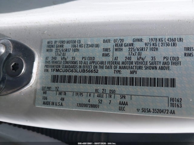 Aukcja sprzedaży 2020 Ford Escape Se, vin: 1FMCU0G63LUB56652, numer aukcji: 45815981