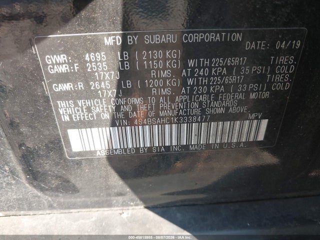Продаж на аукціоні авто 2019 Subaru Outback 2.5i Premium, vin: 4S4BSAHC1K3338477, номер лоту: 45815985