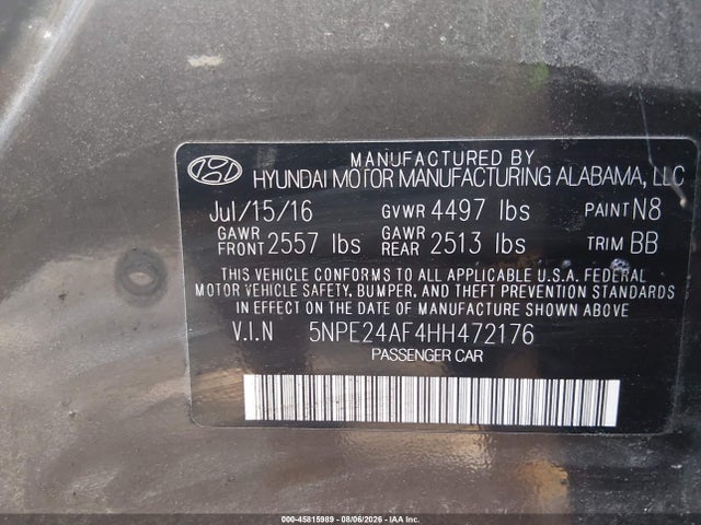 Продаж на аукціоні авто 2017 Hyundai Sonata Se, vin: 5NPE24AF4HH472176, номер лоту: 45815989