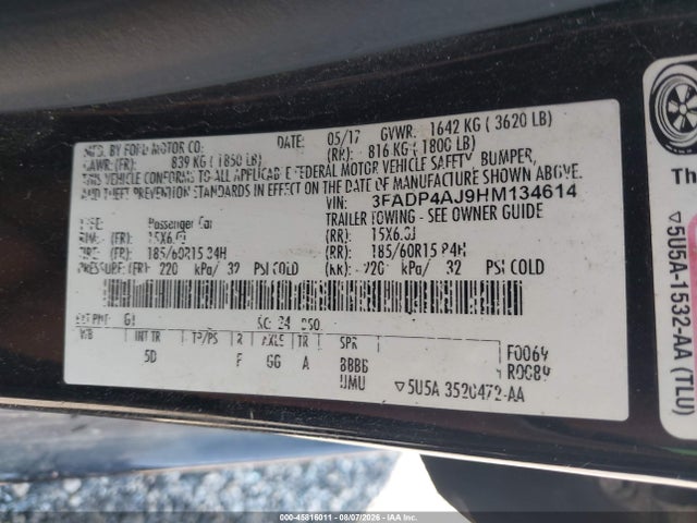 Продаж на аукціоні авто 2017 Ford Fiesta S, vin: 3FADP4AJ9HM134614, номер лоту: 45816011