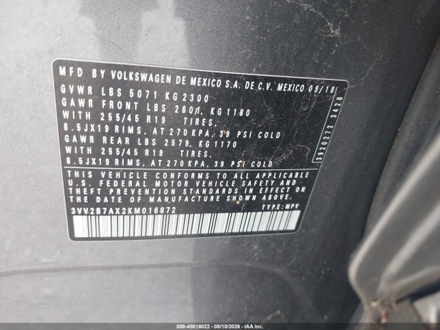 Aukcja sprzedaży 2019 Volkswagen Tiguan 2.0t Se/2.0t Sel/2.0t Sel R-line/2.0t Sel R-line Black, vin: 3VV2B7AX2KM016872, numer aukcji: 45816022