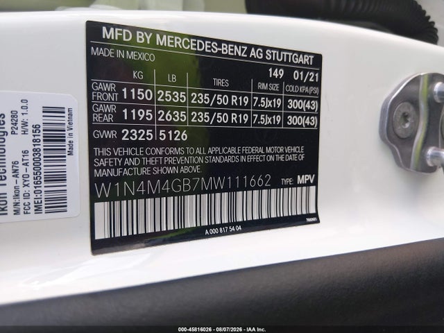 45816026 :رقم المزاد ، W1N4M4GB7MW111662 vin ، 2021 Mercedes-benz Glb 250 مزاد بيع