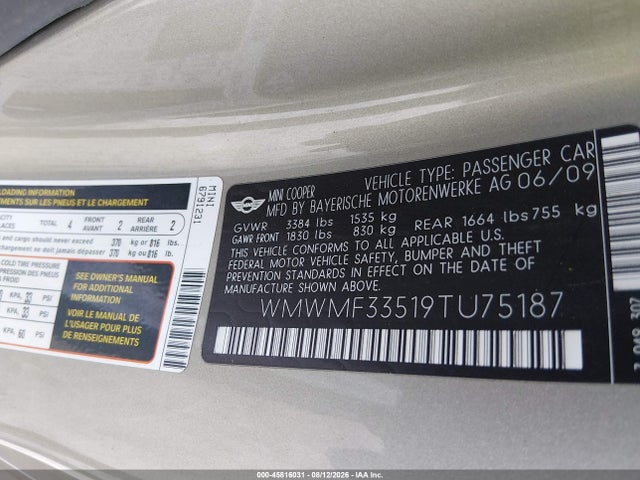 Продажа на аукционе авто 2009 Mini Cooper, vin: WMWMF33519TU75187, номер лота: 45816031