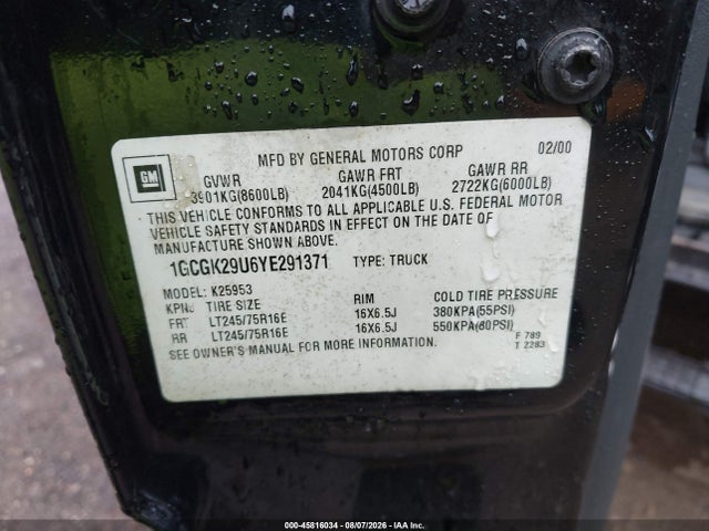 Продажа на аукционе авто 2000 Chevrolet Silverado 2500 Lt, vin: 1GCGK29U6YE291371, номер лота: 45816034