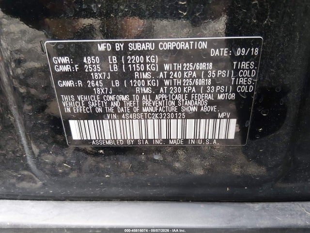 Продаж на аукціоні авто 2019 Subaru Outback 3.6r Touring, vin: 4S4BSETC2K3230125, номер лоту: 45816074
