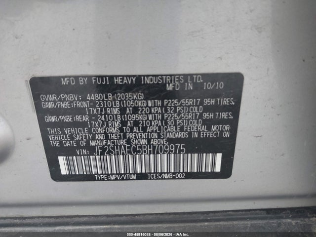 45816088 :رقم المزاد ، JF2SHAEC5BH709975 vin ، 2011 Subaru Forester 2.5x Limited مزاد بيع