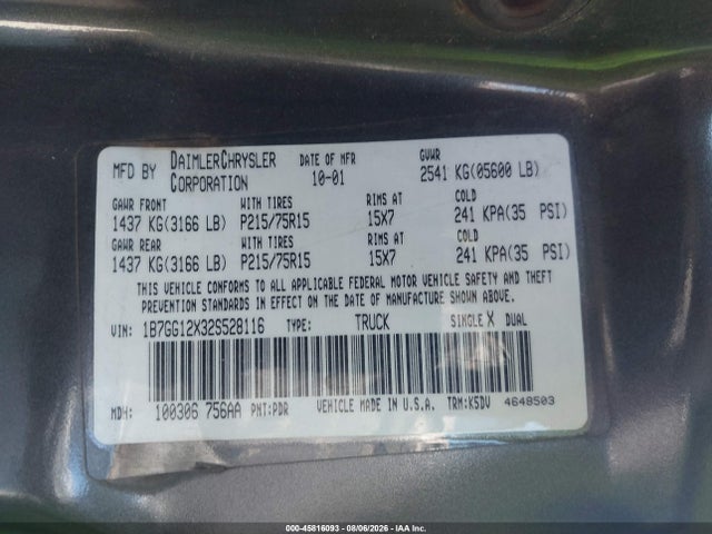 Aukcja sprzedaży 2002 Dodge Dakota, vin: 1B7GG12X32S528116, numer aukcji: 45816093