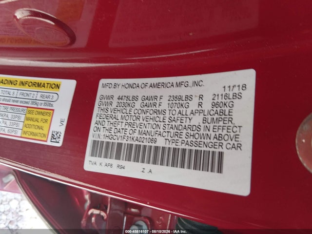 Продаж на аукціоні авто 2019 Honda Accord Sport, vin: 1HGCV1F31KA021069, номер лоту: 45816107