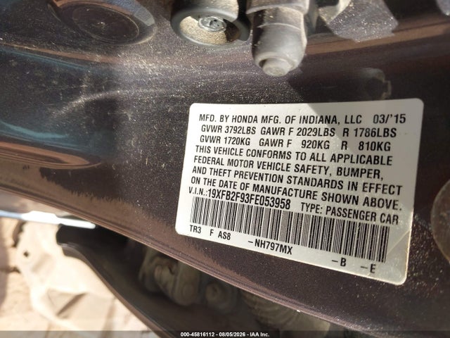 2015 Honda Civic Ex-l მანქანა იყიდება აუქციონზე, vin: 19XFB2F93FE053958, აუქციონის ნომერი: 45816112