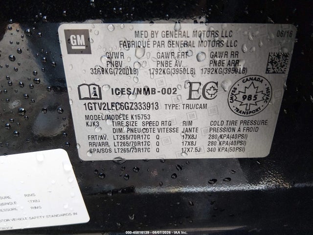 Aukcja sprzedaży 2016 Gmc Sierra 1500, vin: 1GTV2LEC6GZ333913, numer aukcji: 45816139
