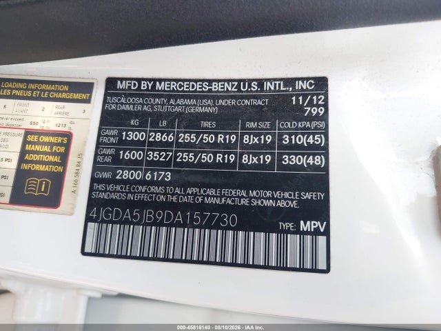 45816140 :رقم المزاد ، 4JGDA5JB9DA157730 vin ، 2013 Mercedes-benz Ml 350 مزاد بيع