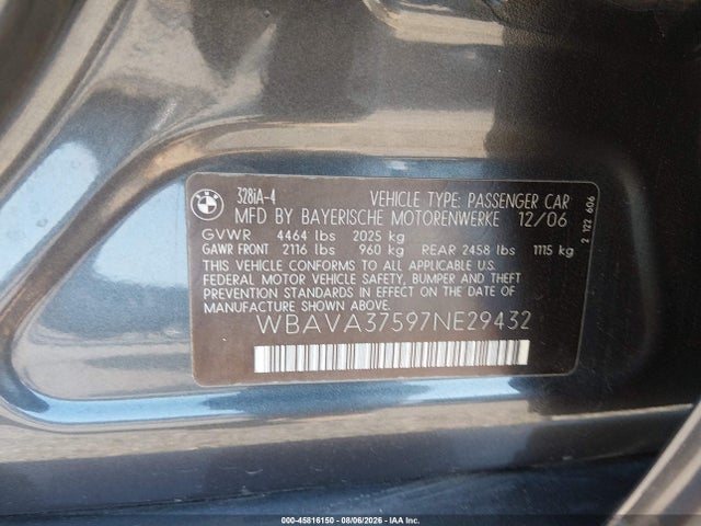 2007 Bmw 328i მანქანა იყიდება აუქციონზე, vin: WBAVA37597NE29432, აუქციონის ნომერი: 45816150