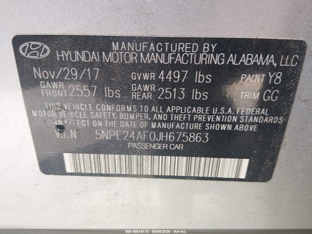 2018 Hyundai Sonata Se მანქანა იყიდება აუქციონზე, vin: 5NPE24AF0JH675863, აუქციონის ნომერი: 45816170