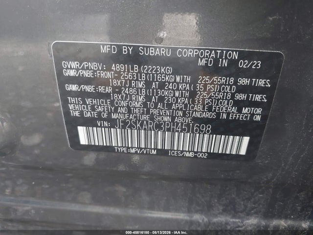 45816180 :رقم المزاد ، JF2SKARC3PH451698 vin ، 2023 Subaru Forester Touring مزاد بيع