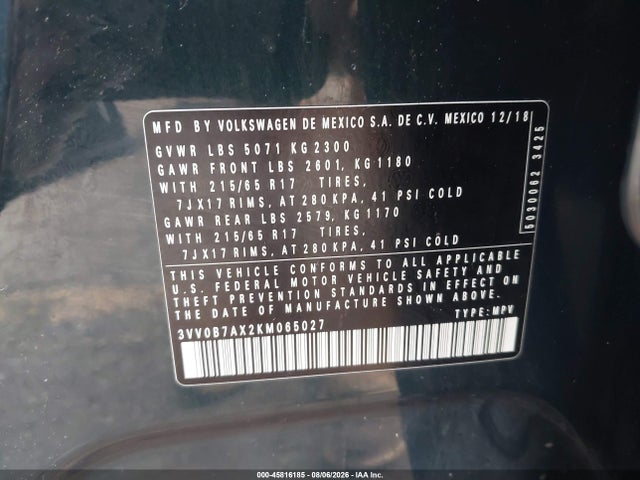 45816185 :رقم المزاد ، 3VV0B7AX2KM065027 vin ، 2019 Volkswagen Tiguan 2.0t S مزاد بيع