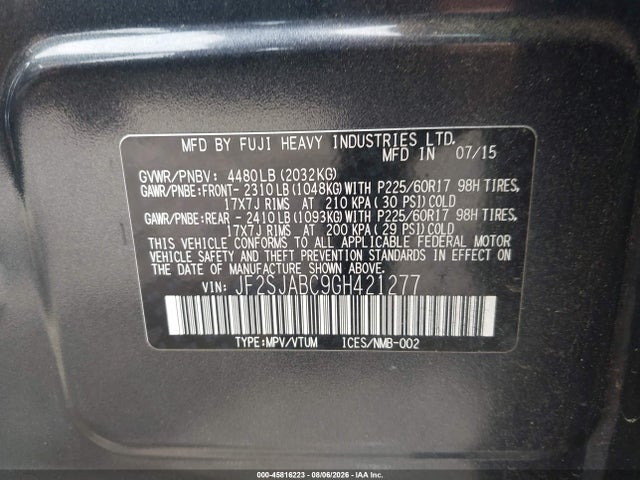 45816223 :رقم المزاد ، JF2SJABC9GH421277 vin ، 2016 Subaru Forester 2.5i مزاد بيع