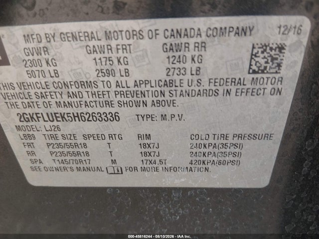 45816244 :رقم المزاد ، 2GKFLUEK5H6263336 vin ، 2017 Gmc Terrain Slt مزاد بيع