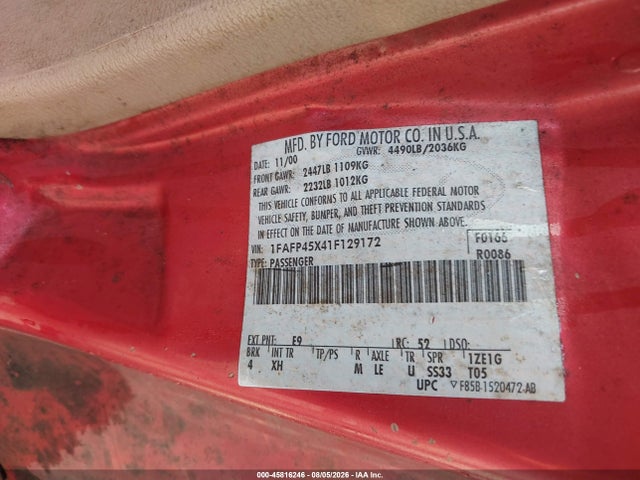 45816246 :رقم المزاد ، 1FAFP45X41F129172 vin ، 2001 Ford Mustang Gt مزاد بيع