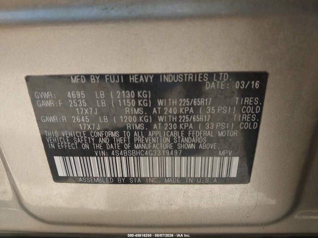 Продажа на аукционе авто 2016 Subaru Outback 2.5i Premium, vin: 4S4BSBHC4G3319497, номер лота: 45816250