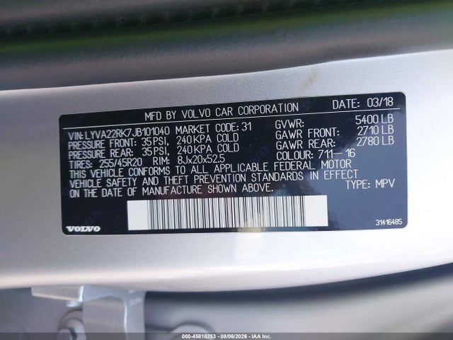 Продаж на аукціоні авто 2018 Volvo Xc60 T6 Momentum, vin: LYVA22RK7JB101040, номер лоту: 45816253