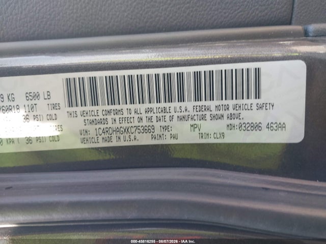 45816255 :رقم المزاد ، 1C4RDHAGXKC753669 vin ، 2019 Dodge Durango Sxt Plus Rwd مزاد بيع