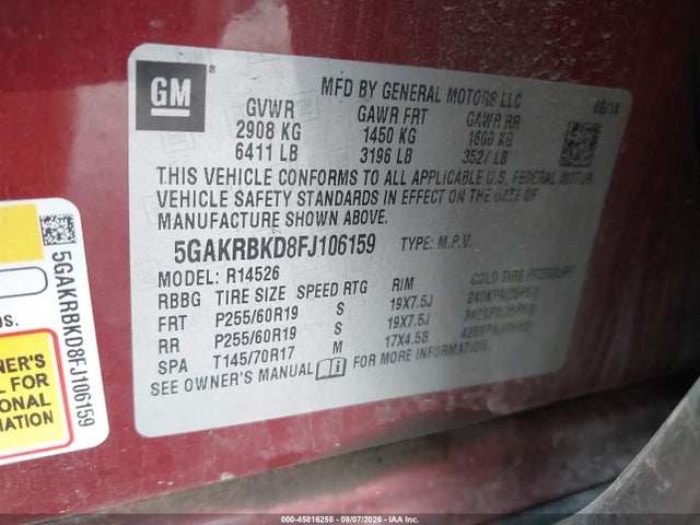 45816258 :رقم المزاد ، 5GAKRBKD8FJ106159 vin ، 2015 Buick Enclave Leather مزاد بيع