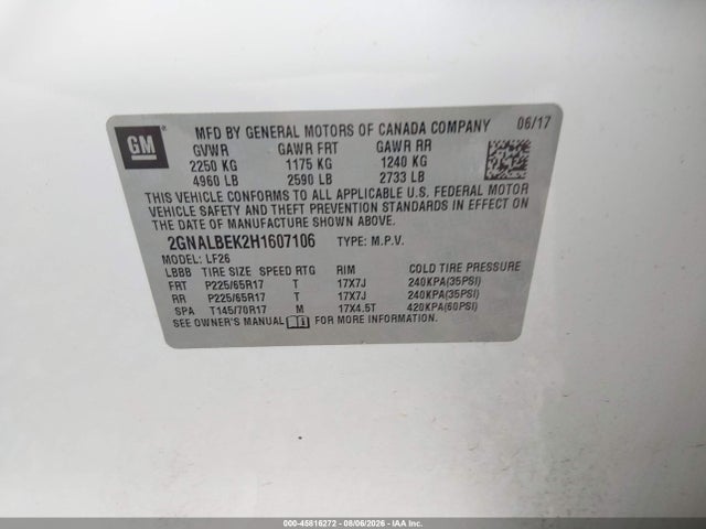 45816272 :رقم المزاد ، 2GNALBEK2H1607106 vin ، 2017 Chevrolet Equinox Ls مزاد بيع