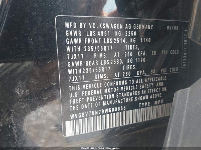 Продажа на аукционе авто 2009 Volkswagen Tiguan Se/sel, vin: WVGBV75N79W500668, номер лота: 45816282