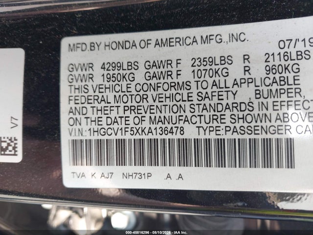 Продаж на аукціоні авто 2019 Honda Accord Ex-l, vin: 1HGCV1F5XKA136478, номер лоту: 45816296