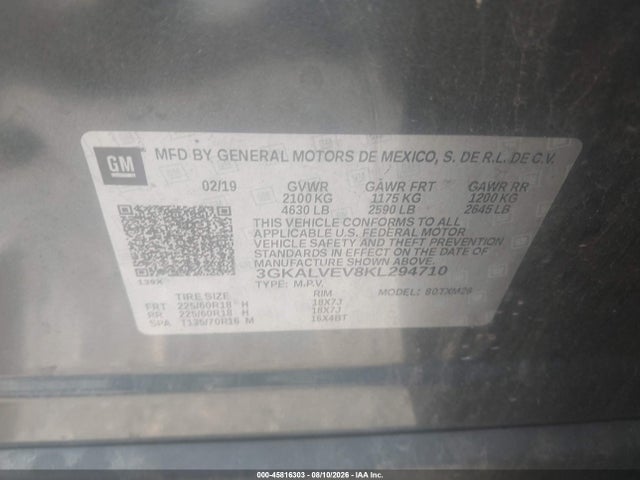 Aukcja sprzedaży 2019 Gmc Terrain Slt, vin: 3GKALVEV8KL294710, numer aukcji: 45816303