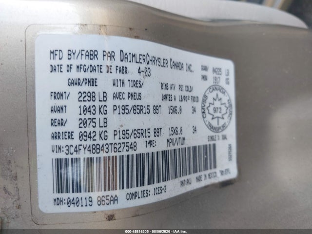 45816305 :رقم المزاد ، 3C4FY48B43T627548 vin ، 2003 Chrysler Pt Cruiser مزاد بيع