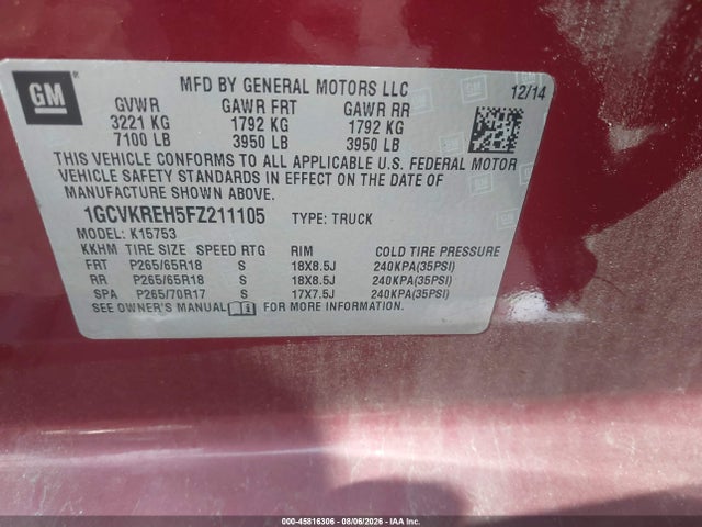 1GCVKREH5FZ211105 Chevrolet Silverado 1500 Lt